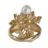 14K Yellow Gold Diamond And Pearls Hawaiian Lily Flower Cluster Cocktail Ring