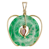 14K Yellow Gold Jade Disc Apple Pendant With Round Diamond And Red Cabochon Jade in Center