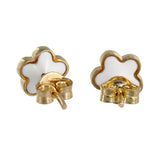 18K Yellow Gold White Enamel Flower Stud Earrings