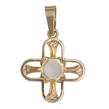 14K Yellow Gold Moonstone Center Round Cabochon Cut And Cubic Zirconia Accents Cross Pendant