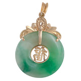 14k Yellow Gold Green Jade Disc Chinese Character For a Good Fortune Pendant