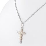 10K White Gold Diamond And Pearls Cross Pendant Baby Rope Link Chain Necklace