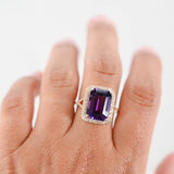 4K Yellow Gold Amethyst Emerald-Cut Micro-Paven Diamond Halo Cocktail Ring