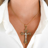 18K Two-Tone Gold Openwork Jesus Crucifix Cross Diamond-Cut Backplate Pendant 2.5"