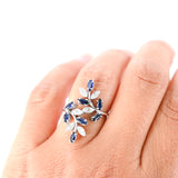 14K White Gold Diamond And Sapphire Cocktail Leaf Design Ring