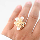 14K Yellow Gold Diamond And Pearls Hawaiian Lily Flower Cluster Cocktail Ring