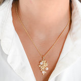 14K Yellow Gold Pearl And Diamond Lily Flower Vine Cluster Pendant