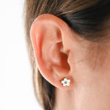 18K Yellow Gold White Enamel Flower Stud Earrings