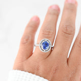 18K White Gold Blue Sapphire Center And Diamond Halo Cocktail Ring