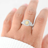 18K White Gold Light Yellow Diamond Cushion Cut With Halo And Accents Diamonds Vintage Ring