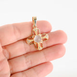 14K Yellow Gold Moonstone Center Round Cabochon Cut And Cubic Zirconia Accents Cross Pendant