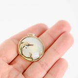 14K Yellow Gold Round Dolphin Pendant Mother of Pearl Inlay