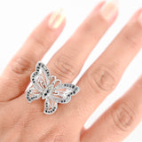 10K White Gold Black Diamond Butterly Open Work Milgrain Cocktail Ring 0.32Ctw