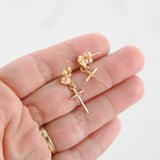 18K Yellow Gold Diamond Cut Shell Cross Dangle Charm Earrings