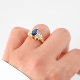 14K Yellow Gold Sapphire Marquise Cut And Diamonds Vintage Ring