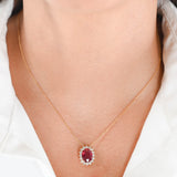 18K Yellow Gold Oval Synthetic Ruby And Diamond Halo Pendant Rolo Link Chain Necklace