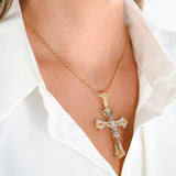 18K Two-Tone Gold Openwork Jesus Crucifix Cross Diamond-Cut Backplate Pendant 2.5"