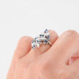 14K White Gold Diamond And Sapphire Cocktail Leaf Design Ring