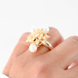 14K Yellow Gold Diamond And Pearls Hawaiian Lily Flower Cluster Cocktail Ring