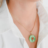 14K Yellow Gold Jade Disc Apple Pendant With Round Diamond And Red Cabochon Jade in Center