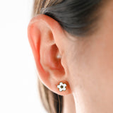 18K Yellow Gold White Enamel Flower Stud Earrings