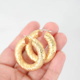 18K Yellow Gold Chubby Tube Textured Hollow Hoops Earrings