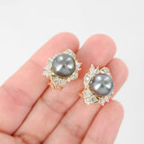 18K Yellow Gold Tahitian Pearls And Diamonds Halo Vintage Cocktail Earrings