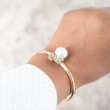 14K Yellow Solid Gold Large White Pearl Cuff Bangle Bracelet