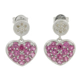 Pendientes colgantes con forma de corazón y piedras preciosas de circonita rosa en oro blanco de 10 quilates