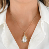 14K Yellow Gold Diamond Teardrop Pearl Charm Pendant