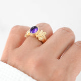 14K Yellow Gold Amethyst Cabochon Matte Finish Ornate Cocktail Ring