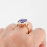 4K Yellow Gold Amethyst Emerald-Cut Micro-Paven Diamond Halo Cocktail Ring