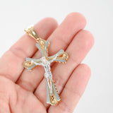 18K Two-Tone Gold Openwork Jesus Crucifix Cross Diamond-Cut Backplate Pendant 2.5"