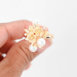 14K Yellow Gold Diamond And Pearls Hawaiian Lily Flower Cluster Cocktail Ring