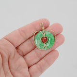 14K Yellow Gold Jade Disc Apple Pendant With Round Diamond And Red Cabochon Jade in Center