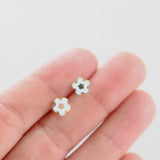 18K Yellow Gold White Enamel Flower Stud Earrings