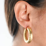 18K Yellow Gold Chubby Tube Textured Hollow Hoops Earrings