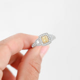 18K White Gold Light Yellow Diamond Cushion Cut With Halo And Accents Diamonds Vintage Ring