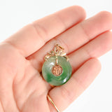 14k Yellow Gold Green Jade Disc Chinese Character For a Good Fortune Pendant