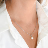 10K White Gold Pearl And Diamond Wheat Chain Link Dainty Necklace