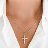 10K White Gold Diamond And Pearls Cross Pendant Baby Rope Link Chain Necklace