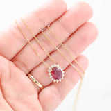 18K Yellow Gold Oval Synthetic Ruby And Diamond Halo Pendant Rolo Link Chain Necklace