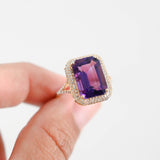 4K Yellow Gold Amethyst Emerald-Cut Micro-Paven Diamond Halo Cocktail Ring