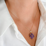 14K Yellow Gold Amethyst And Diamond Flower Charm Rolo Link Necklace