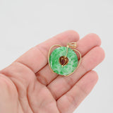 14K Yellow Gold Jade Disc Apple Pendant With Round Diamond And Red Cabochon Jade in Center