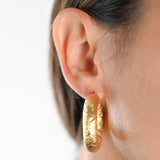 18K Yellow Gold Chubby Tube Textured Hollow Hoops Earrings