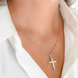 10K White Gold Diamond And Pearls Cross Pendant Baby Rope Link Chain Necklace