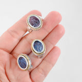 925 Silver With 18K Yellow Gold Border Frame Iolite Intaglio Vintage Jewelry Set