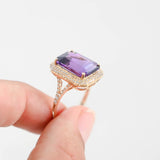 4K Yellow Gold Amethyst Emerald-Cut Micro-Paven Diamond Halo Cocktail Ring