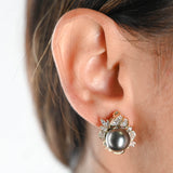 18K Yellow Gold Tahitian Pearls And Diamonds Halo Vintage Cocktail Earrings